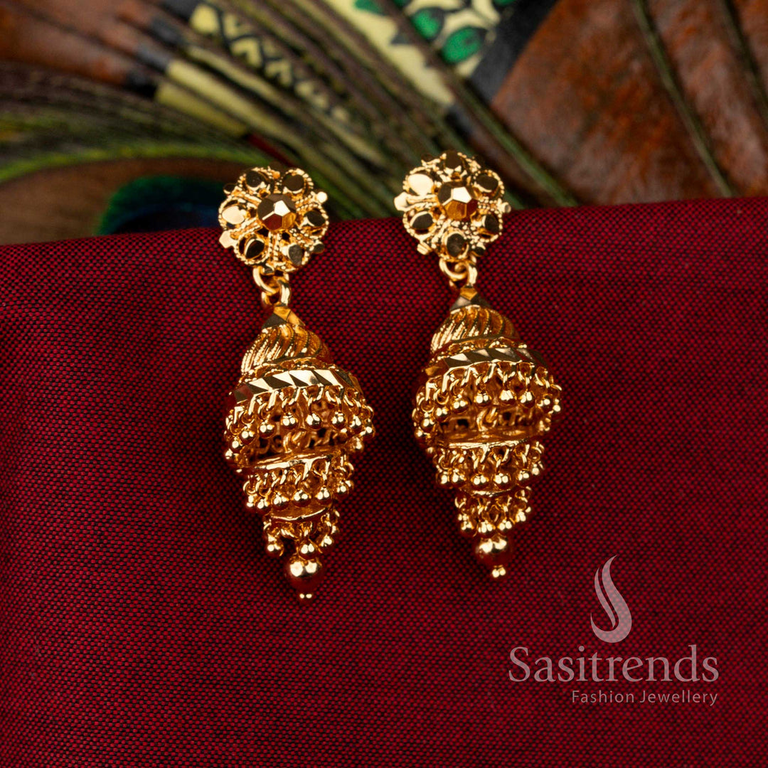 Royal Micro Gold Plated Three Step Jhumkas Featuring Intricate Temple Motifs, Exquisite for Grand Weddings – Sasitrends