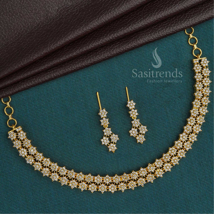 Stunning Two Line Star Pattern White American Diamond Jewellery Set With Micro Gold Plating For Wedding And Ethnic Wear – Sasitrends