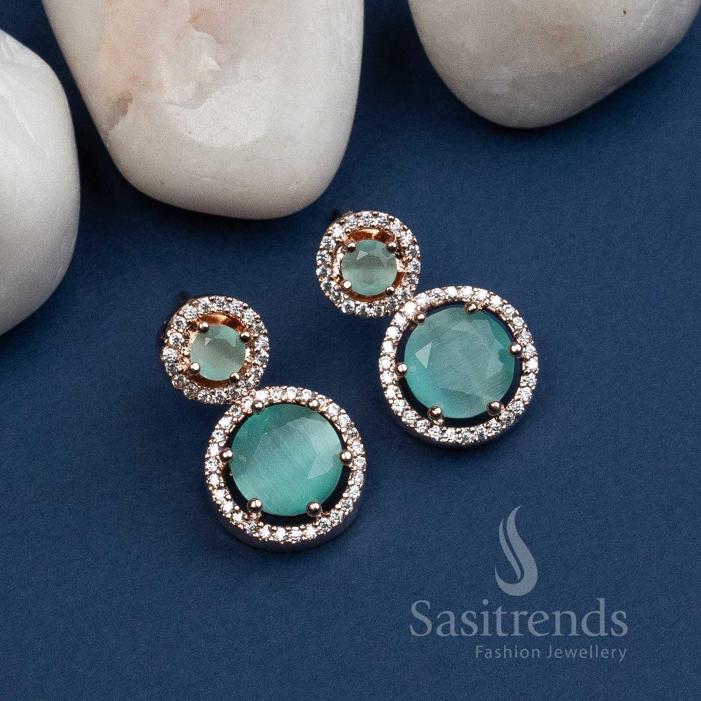 Glamorous Mint Stone Rose Gold Plated Earrings with American Diamond Stones
- Sasitrends