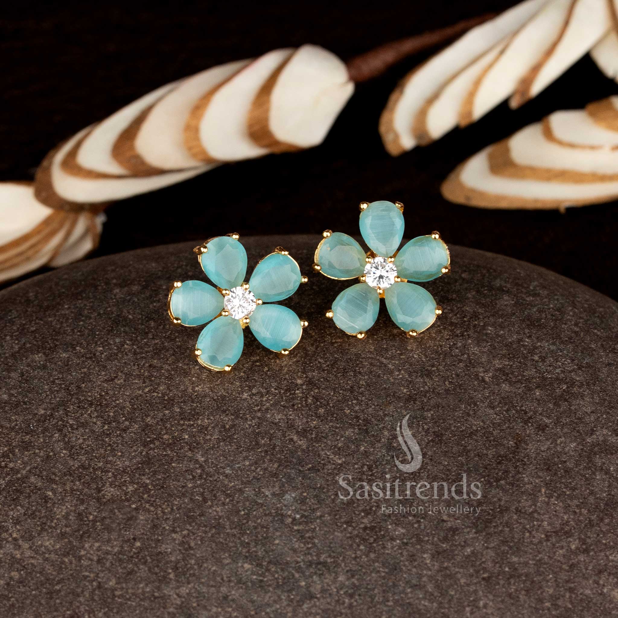 Charming mint toned American diamond flower top stud earrings crafted for daily wear, festive dressing, and contemporary ethnic styling - Sasitrends