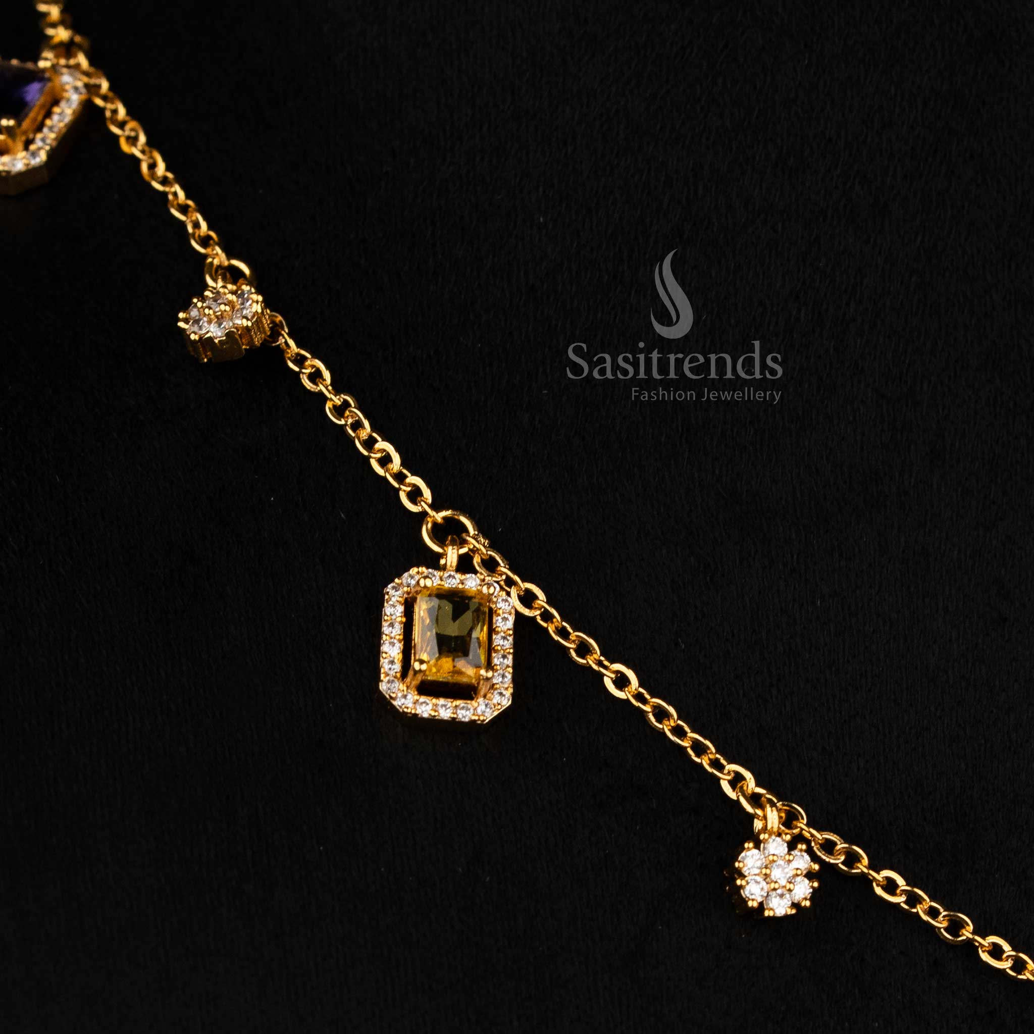 Graceful multi American diamond invisible matte gold plated floral single layer necklace set featuring rectangular stones, stylish jewellery for celebrations and ethnic attire - Sasitrends