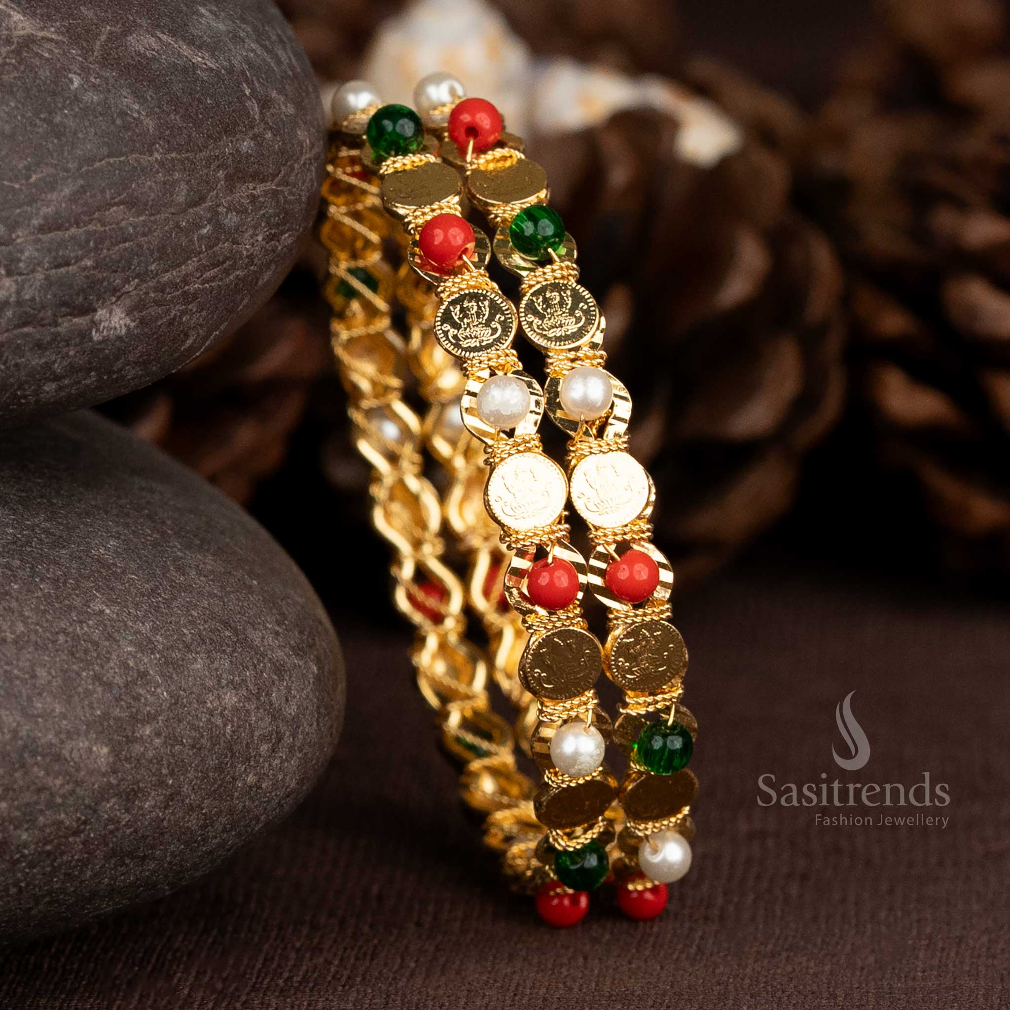 Traditional micro gold plated Lakshmi Pavalam stone studded bangles in multi-colour, ideal for temple jewellery styling with a divine ethnic appeal – Sasitrends