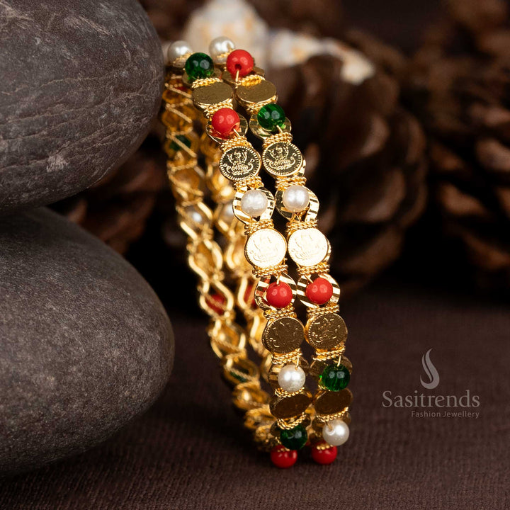 Traditional micro gold plated Lakshmi Pavalam stone studded bangles in multi-colour, ideal for temple jewellery styling with a divine ethnic appeal – Sasitrends