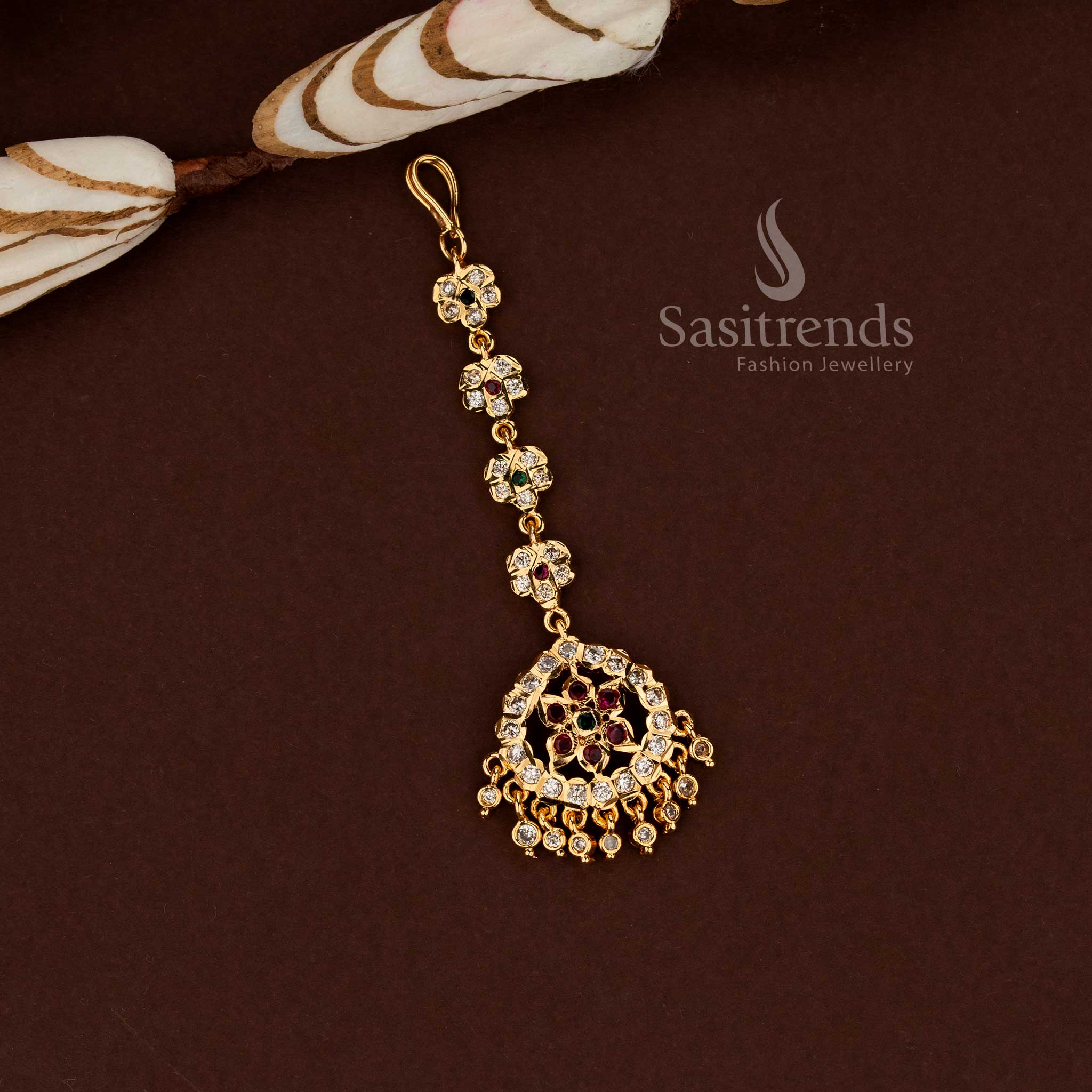 Elegant multi floral motif Impon micro gold plated American diamond maang tikka crafted for bridal styling wedding celebrations festive fashion and ethnic elegance - Sasitrends