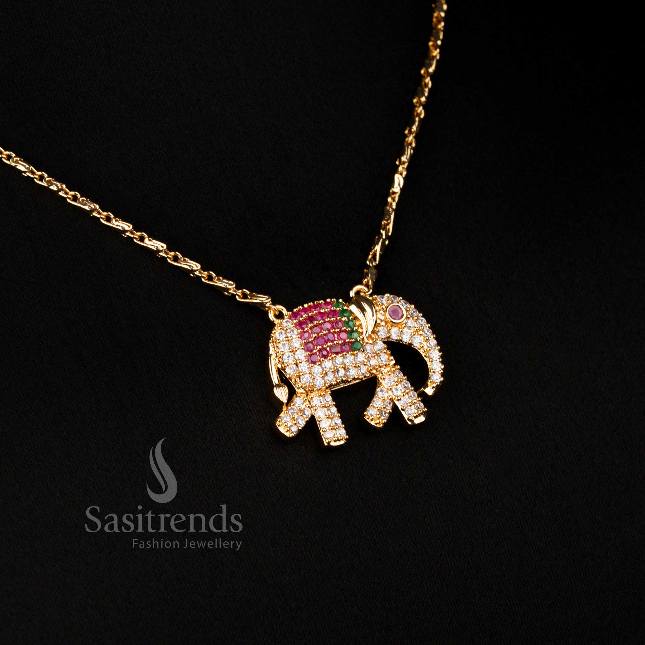 Radiant Multi-colour Guaranteed Micro Gold Plated Necklace with intricate elephant AD pendant, perfect for traditional functions, weddings, and cultural celebrations – Sasitre