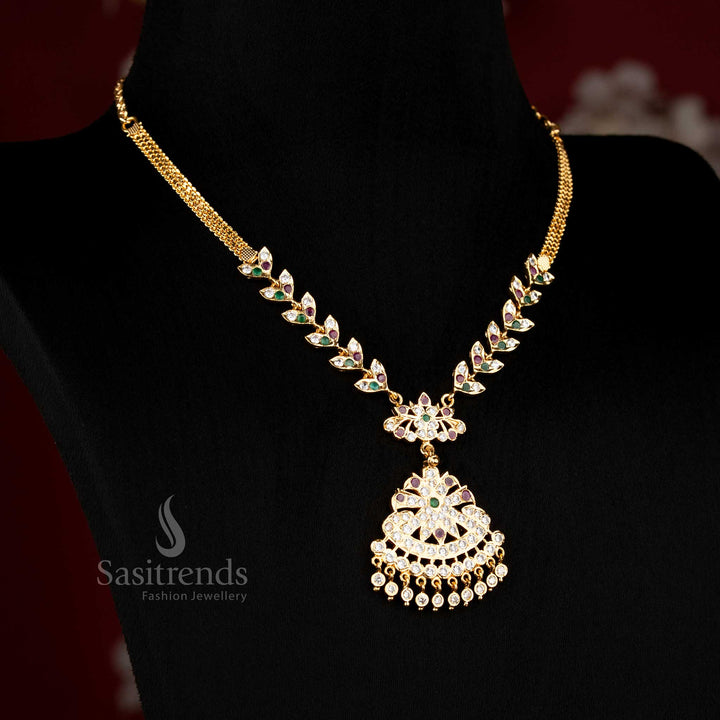 Classic multi micro gold plated leaf motif necklace adorned with colourful stone studded pendant, graceful jewellery for festive occasions and ethnic saree styling - Sasitrends