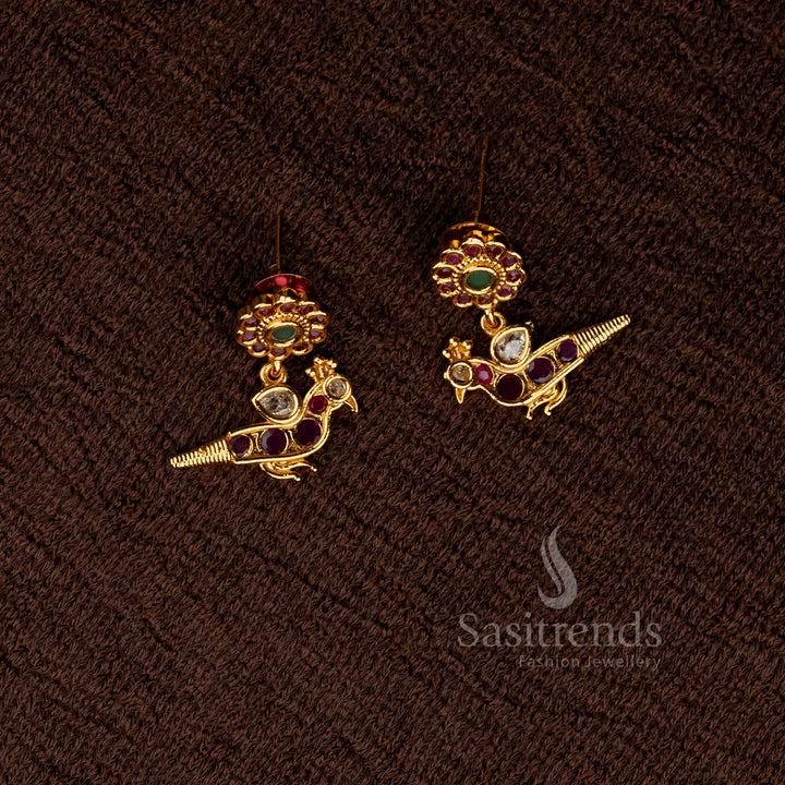 Vibrant Multi-Tone Temple Gold Lotus Drop Earrings with Peacock Motif and Kemp-Coloured Details – Sasitrends