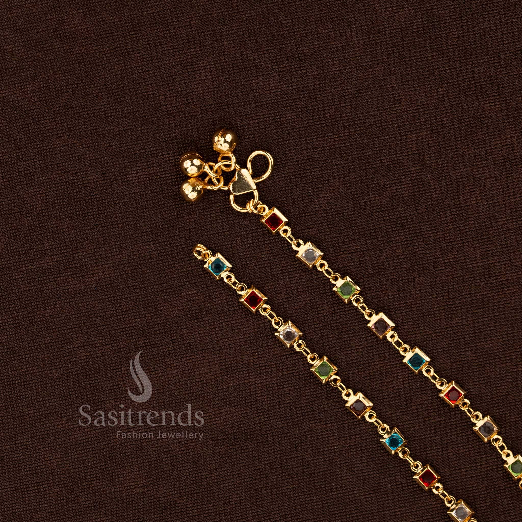 Stylish One Gram Gold Navaratna Anklet Duo Showcasing Artistic Stone Settings And Graceful Micro Plated Charm Layers, Designed To Enrich Footwear Fashion With Colourful Detail – Sasitrends