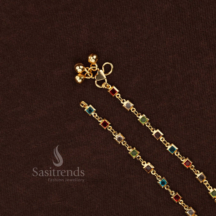 Stylish One Gram Gold Navaratna Anklet Duo Showcasing Artistic Stone Settings And Graceful Micro Plated Charm Layers, Designed To Enrich Footwear Fashion With Colourful Detail – Sasitrends