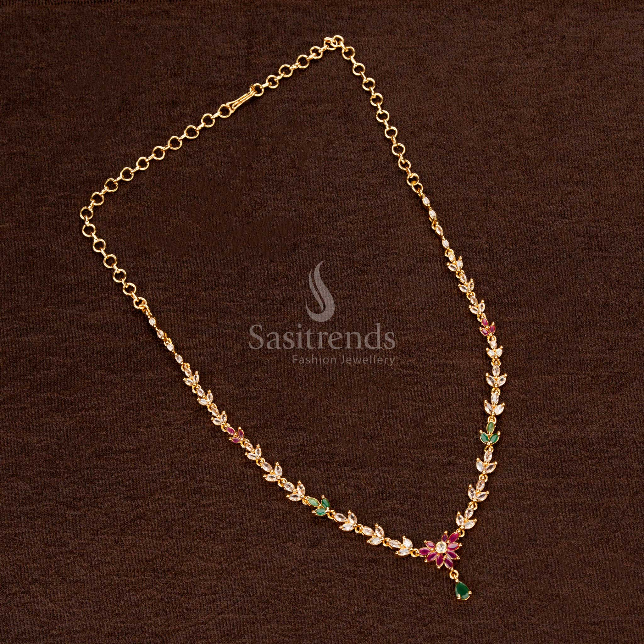 Temple Wear Micro Gold Plated AD Stone Floral Necklace Set, Marquise Stone Structured Chain, Authentic Traditional Jewellery – Sasitrends