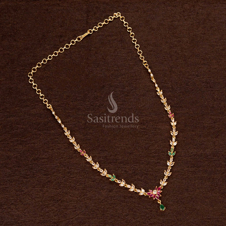 Temple Wear Micro Gold Plated AD Stone Floral Necklace Set, Marquise Stone Structured Chain, Authentic Traditional Jewellery – Sasitrends