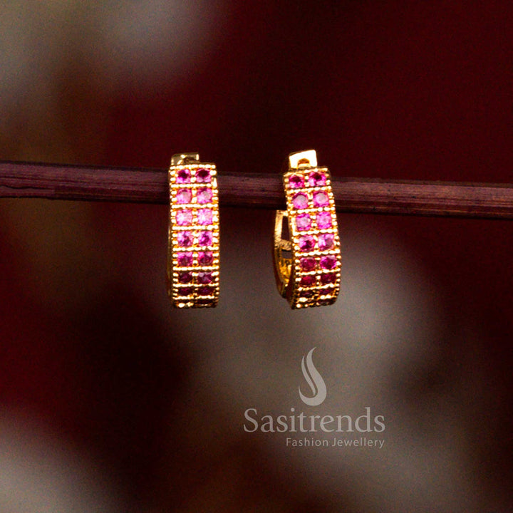 Traditional micro gold plated hinged clasp ring style stud earrings featuring sparkling Ruby American diamond stone work – Sasitrends
