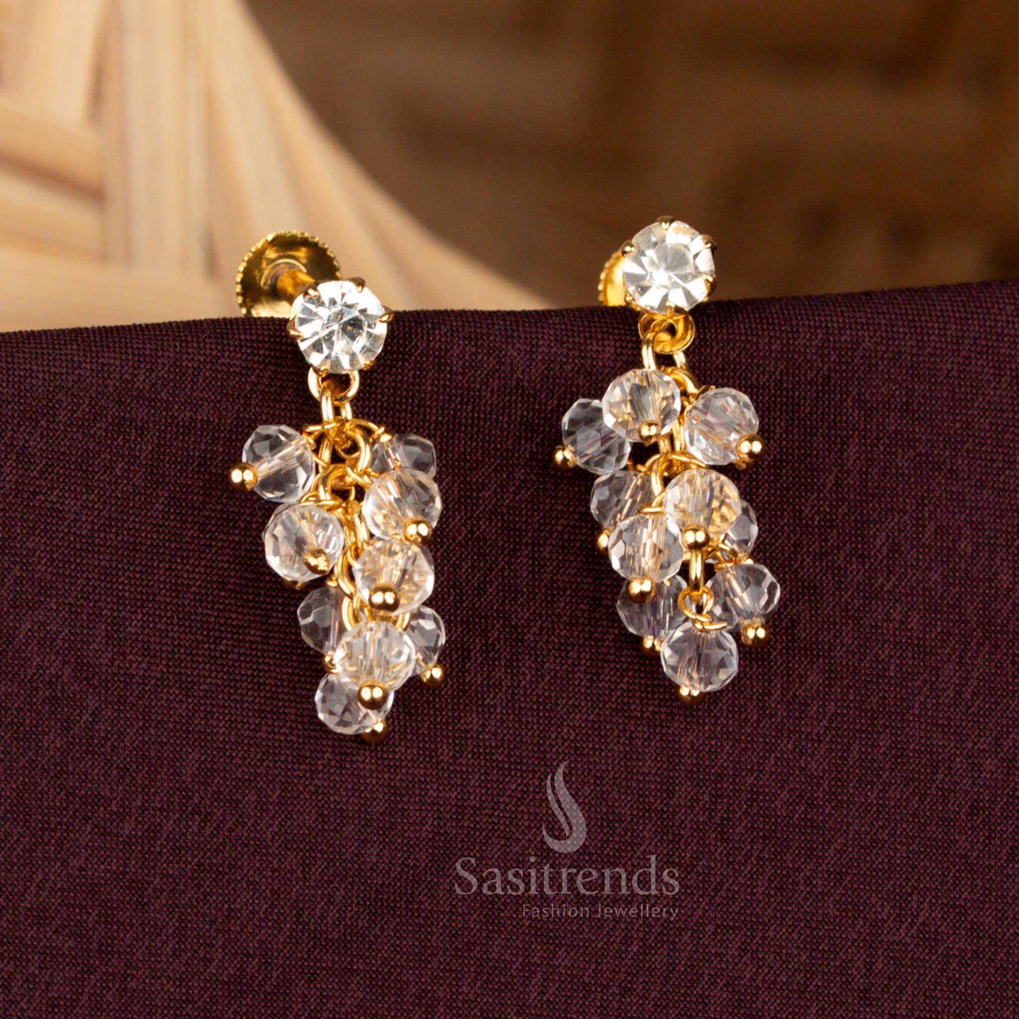 Majestic one gram micro gold plated grape design earrings crafted with pearl white crystals for grand bridal occasions - Sasitrends