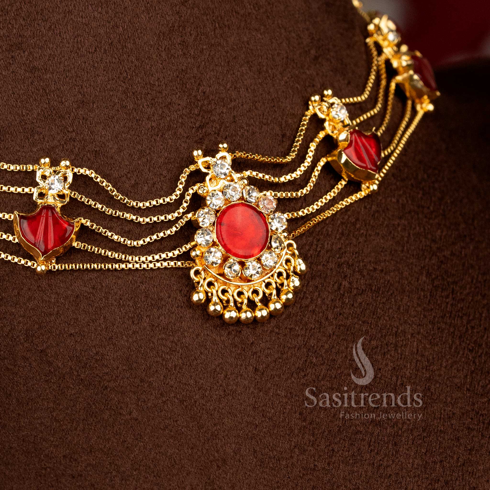 One gram micro gold plated Kerala Palakka choker necklace jewellery set with vivid red tones and intricate motifs for elegant ethnic styling - Sasitrends