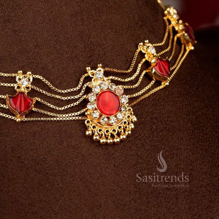 One gram micro gold plated Kerala Palakka choker necklace jewellery set with vivid red tones and intricate motifs for elegant ethnic styling - Sasitrends