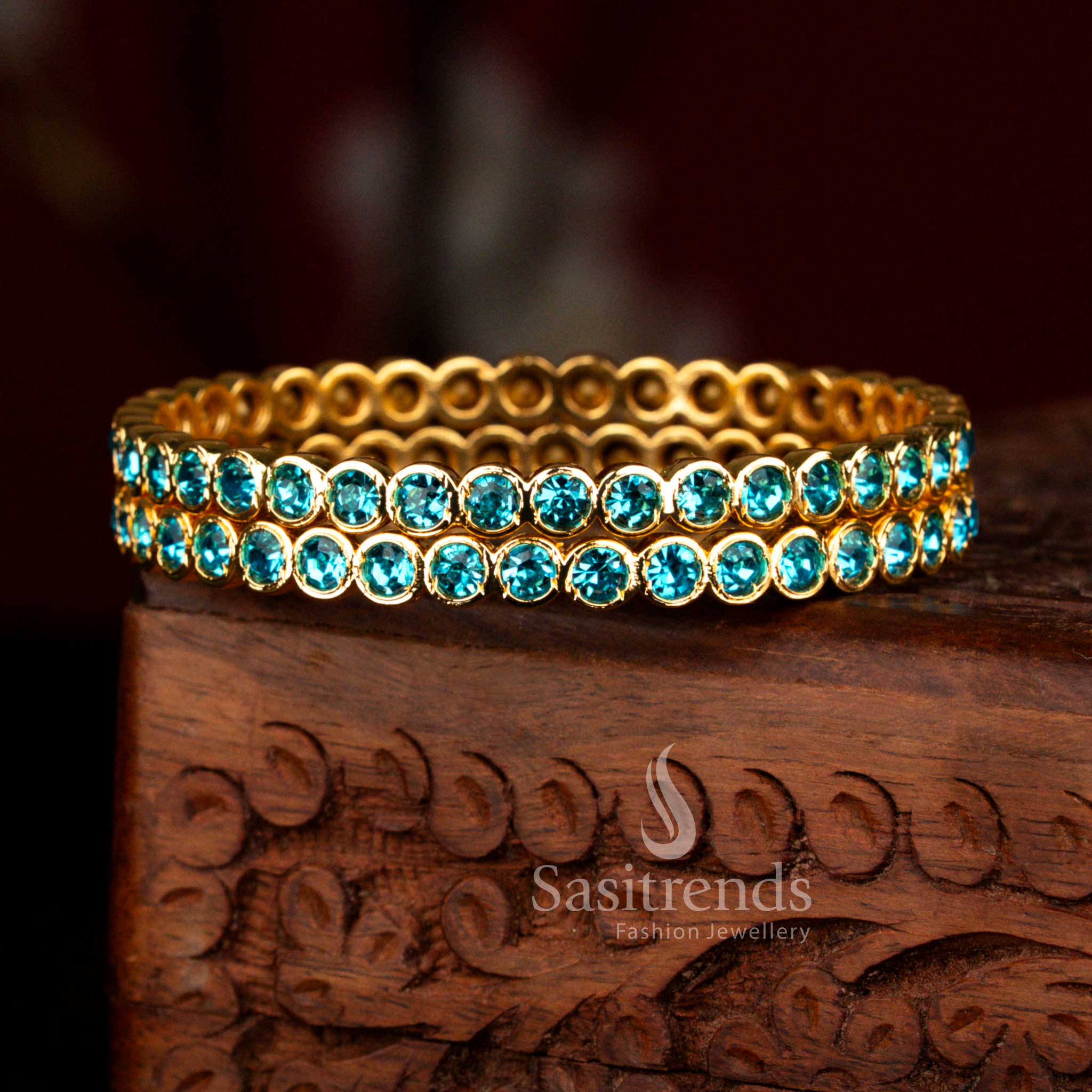 Delicate micro gold plated Impon bangle jewellery with soothing sky blue para stone traditional ethnic wear style – Sasitrends