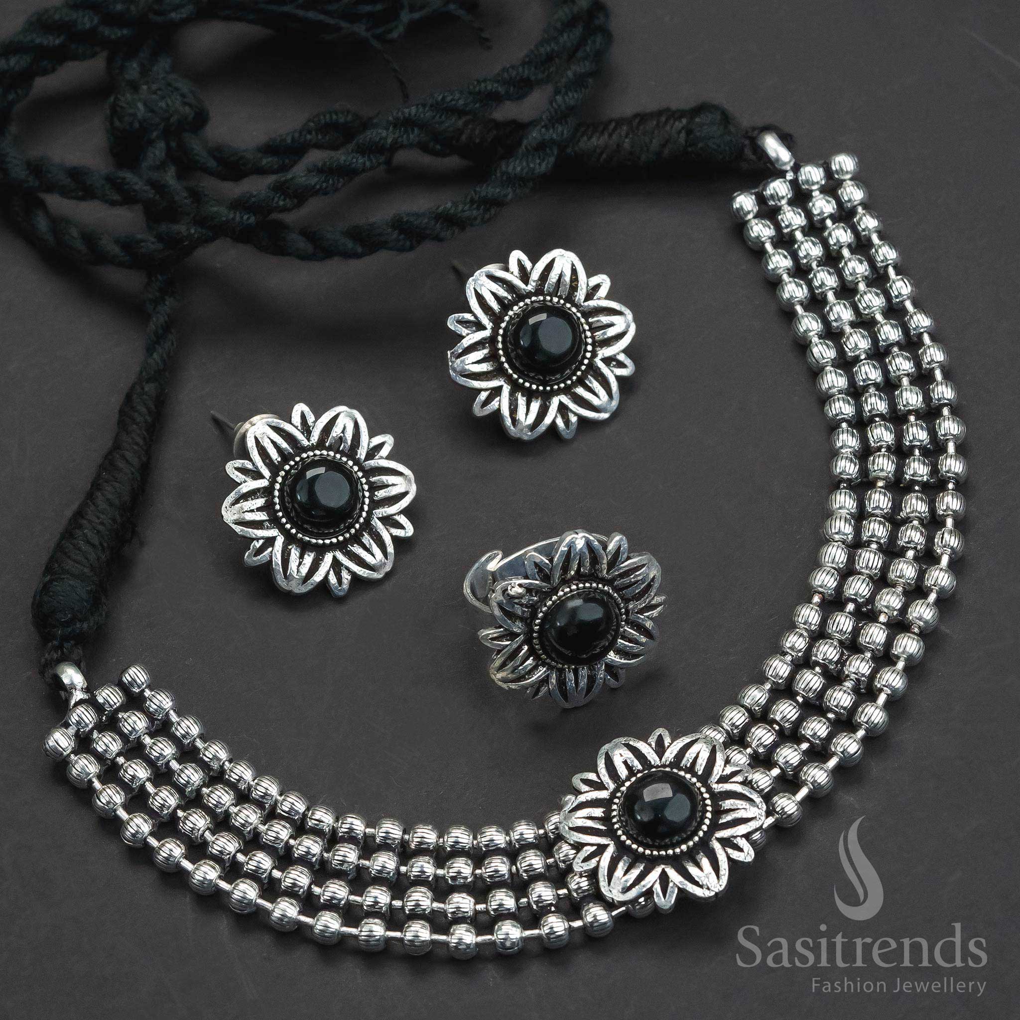 Oxidized German Silver Choker necklace with earrings silver choker - Sasitrends
