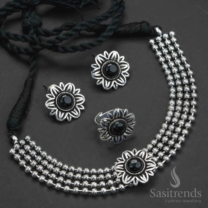Oxidized German Silver Choker necklace with earrings silver choker - Sasitrends