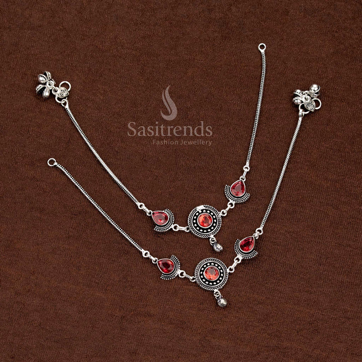 Oxidised anklet with circular red teardrop Monalisa stones, ideal for party wear, casual evenings, and modern day celebrations – Sasitrends
