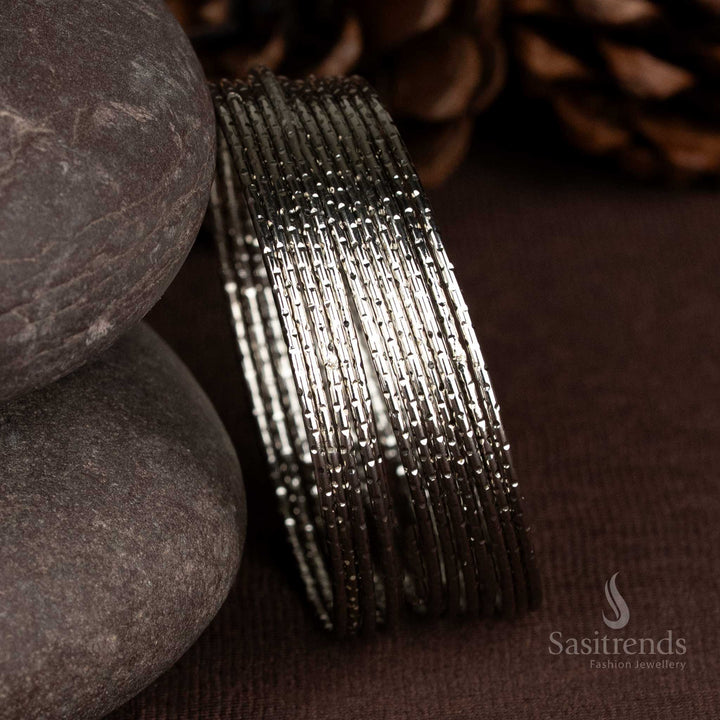 Exquisite oxidised silver plain milled bangles set featuring an artisanal finish and timeless traditional styling – perfect for everyday ethnic jewellery wear – Sasitrends