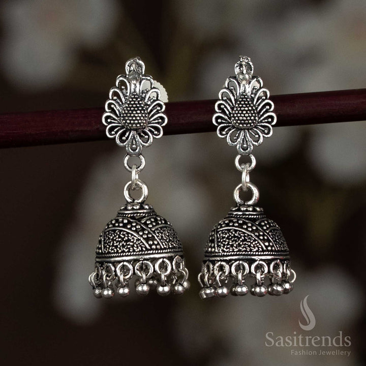 Oxidised Silver Peacock Dome Jhumka Earrings For Festive Wear - Sasitrends