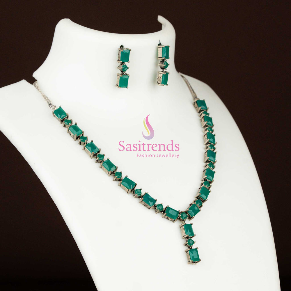 Chic Oxidised Silver Rectangular Green Stone Necklace Set with graceful ethnic detailing, ideal for boho Navaratri outfits – Sasitrends