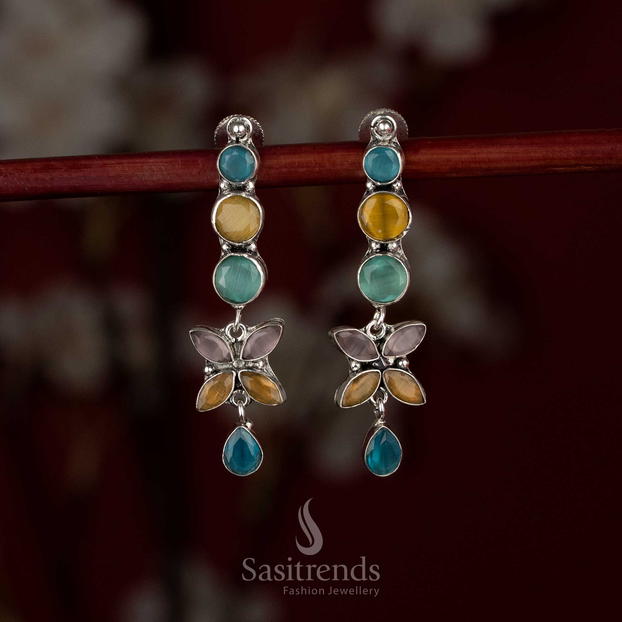 Stylish oxidised silver sky-blue yellow mint floral line drop earrings perfect for everyday fashion and graceful work dressing – Sasitrends