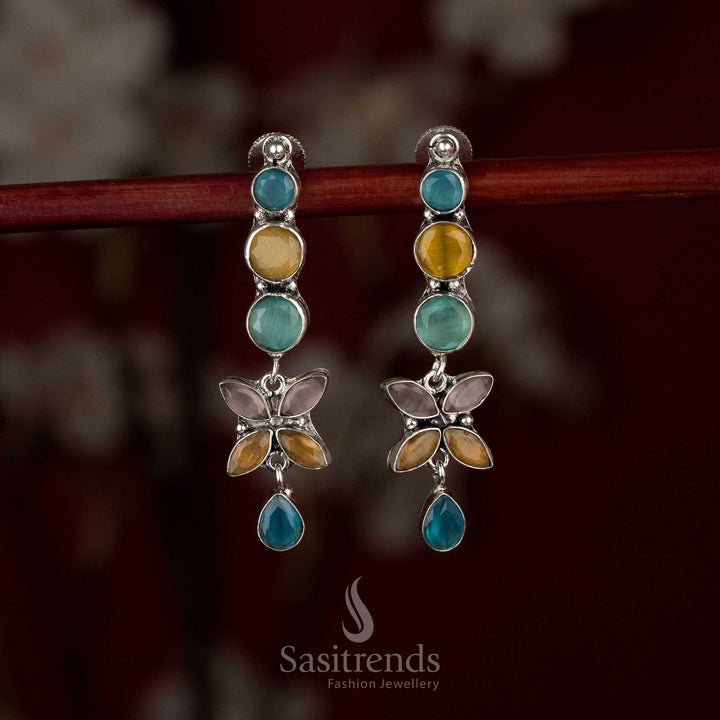 Stylish oxidised silver sky-blue yellow mint floral line drop earrings perfect for everyday fashion and graceful work dressing – Sasitrends