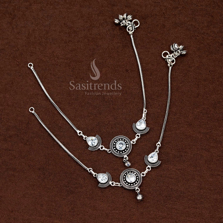 Stylish oxidised anklet with white teardrop Monalisa stones in circular design, ideal for casual, party, and fashion-forward outfits – Sasitrends