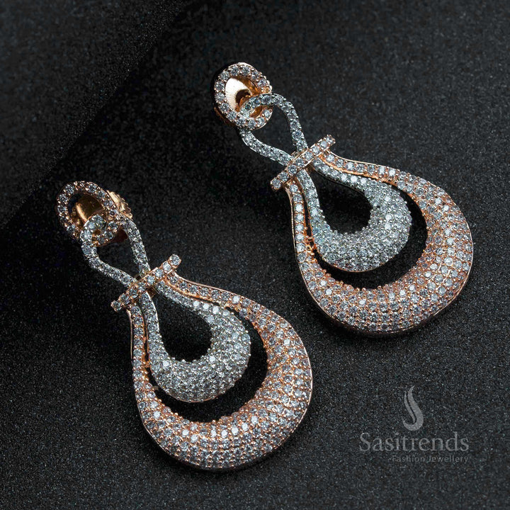 Trendy Party Wear Rhodium Silver and Rose Gold Plated American Diamond Earrings - Two-Layered Tear Drop Pattern for Women