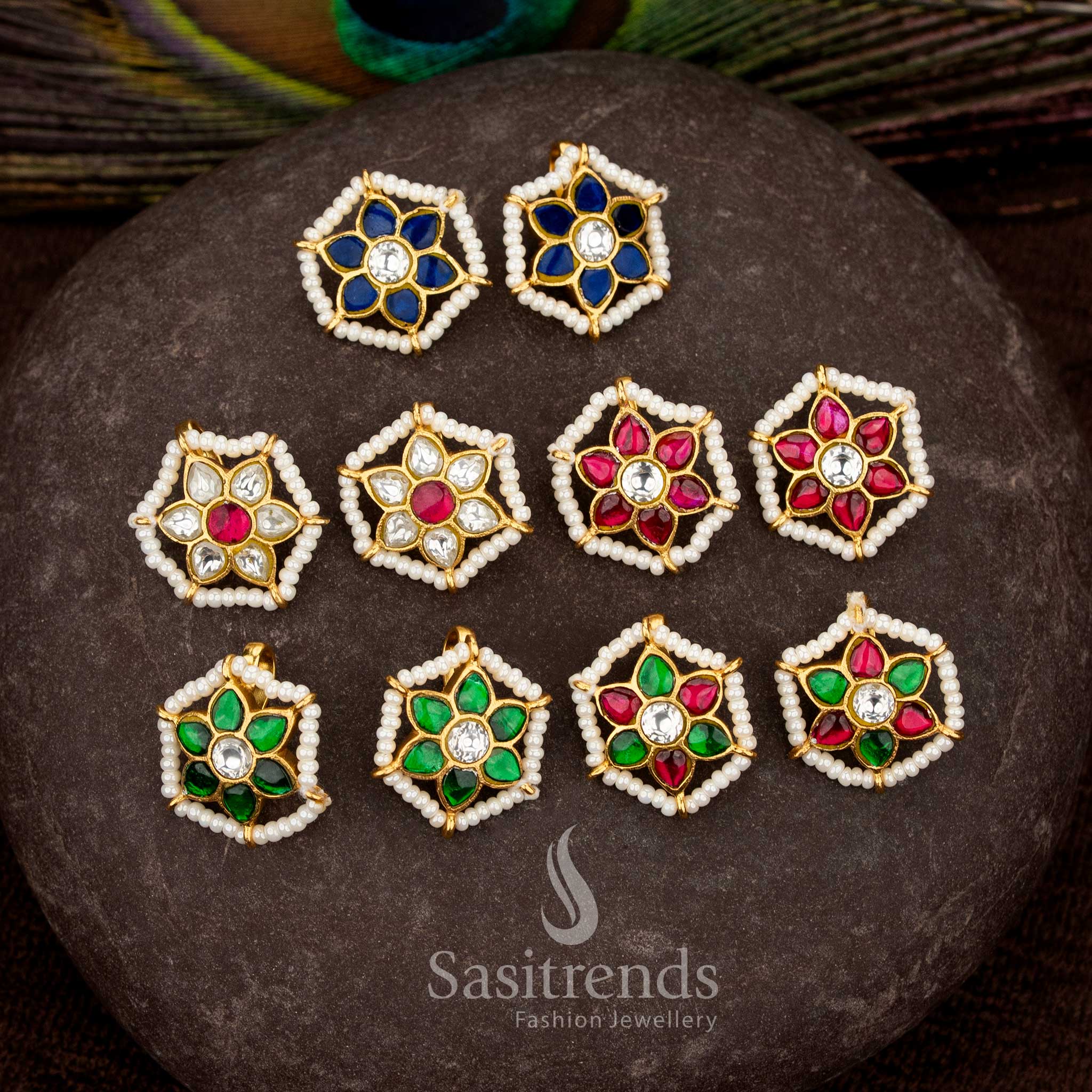 Exquisite pearl Jadau gold plated floral hexagonal pearl Kundan bugadi earrings ideal for festive functions - Sasitrends