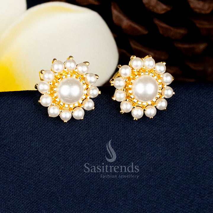 Radiant micro gold plated pearl round flower AD stone and pearl stud earrings for festive occasions – Sasitrends