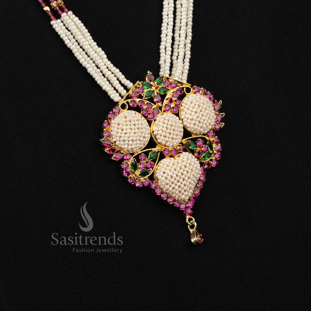 Graceful pearl ruby green butterfly wings American Diamond pearl long necklace designed for stylish showcases - Sasitrends