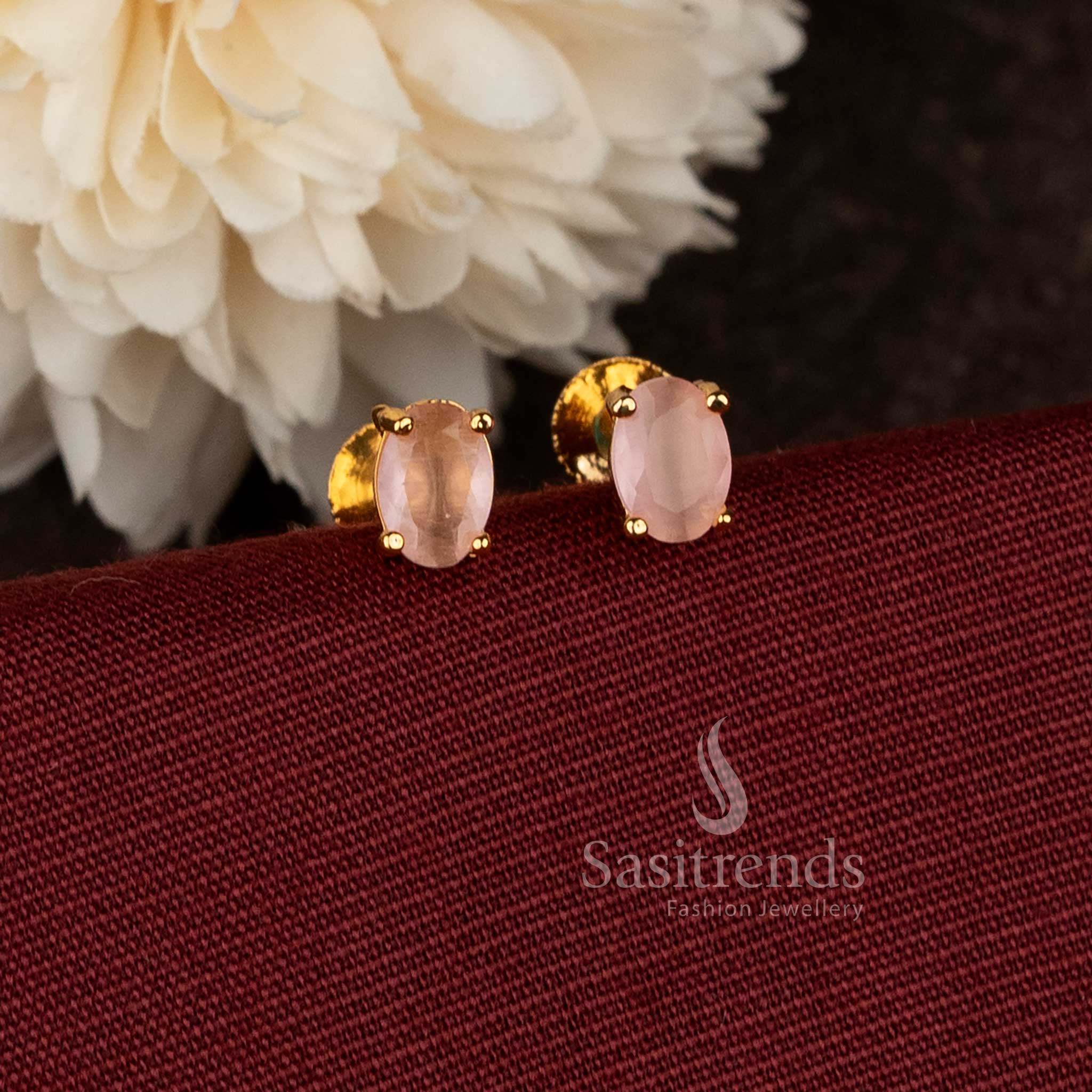 Guaranteed 24K micro gold plated elegant American diamond oval solitaire stud earrings with classic prong setting in Pink tone for office and daily wear – Sasitrends 