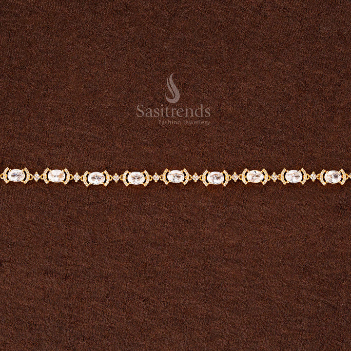 Dazzling white gold-plated hip belt featuring radiant American diamonds, a sophisticated silhouette, and an adjustable fit—perfect for weddings and cultural celebrations - Sasitrends