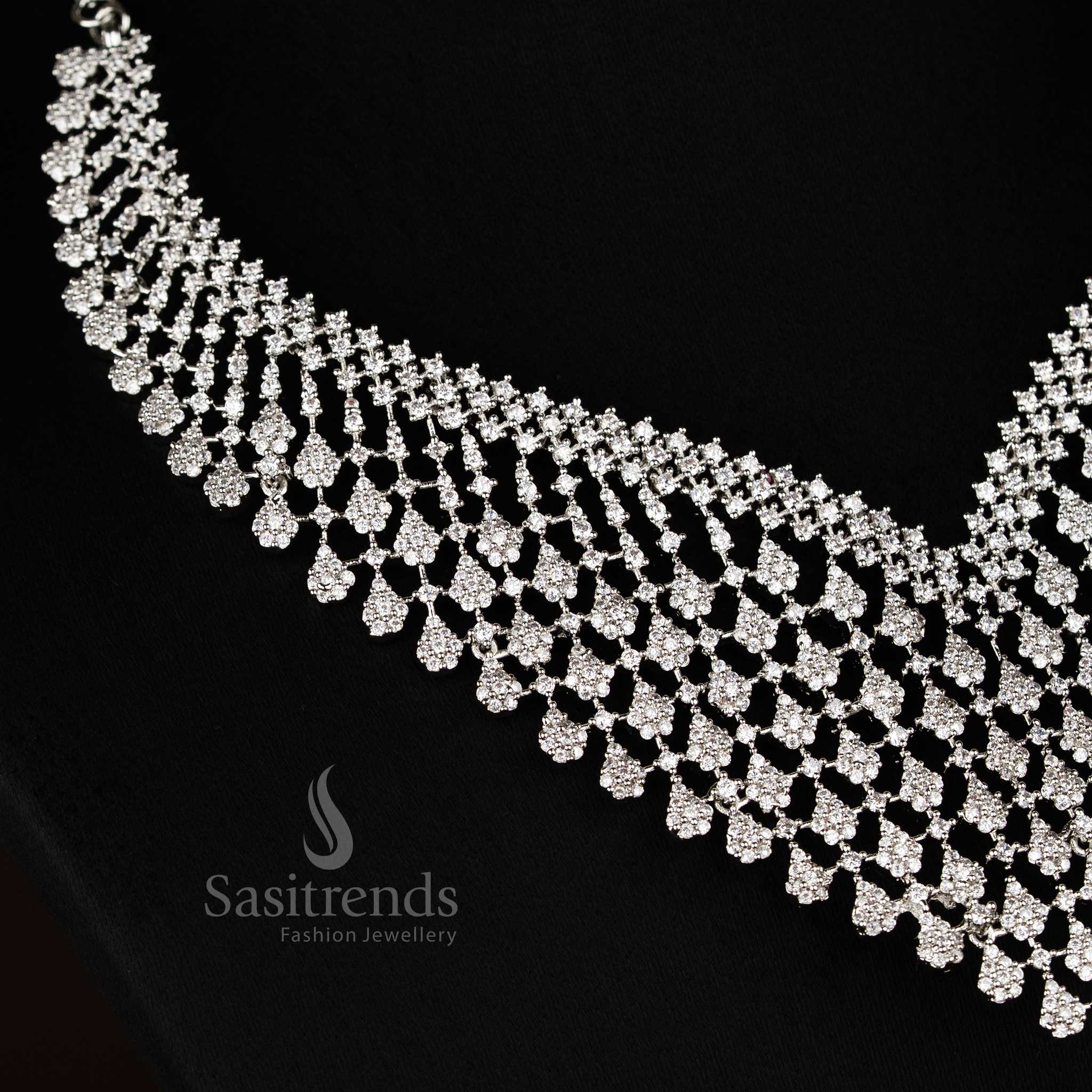 Radiant American Diamond Lotus V-Shape Necklace Set in Rhodium Silver Tone, Perfect for Party Evenings and Elegant Jewellery Looks – Sasitrends