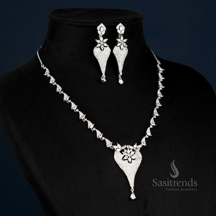 American Diamond Rhodium Silver Plated Designer Necklace Jewellery Set with Floral Drop Pendant - Sasitrends