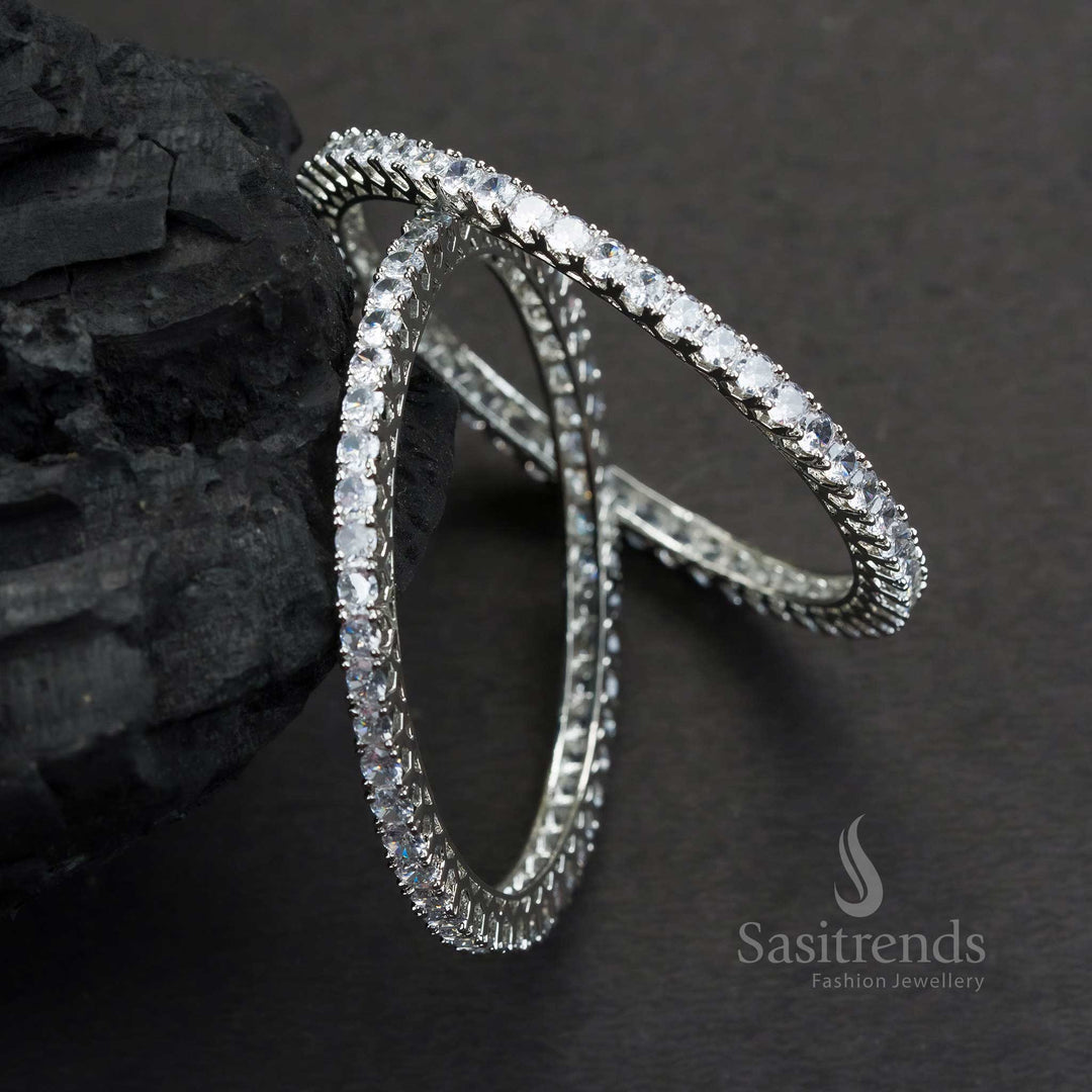 Stunning Party Wear Rhodium Silver Plated Bangles With White American Diamond Stones And Classy Smooth Finish Jewellery - Sasitrends