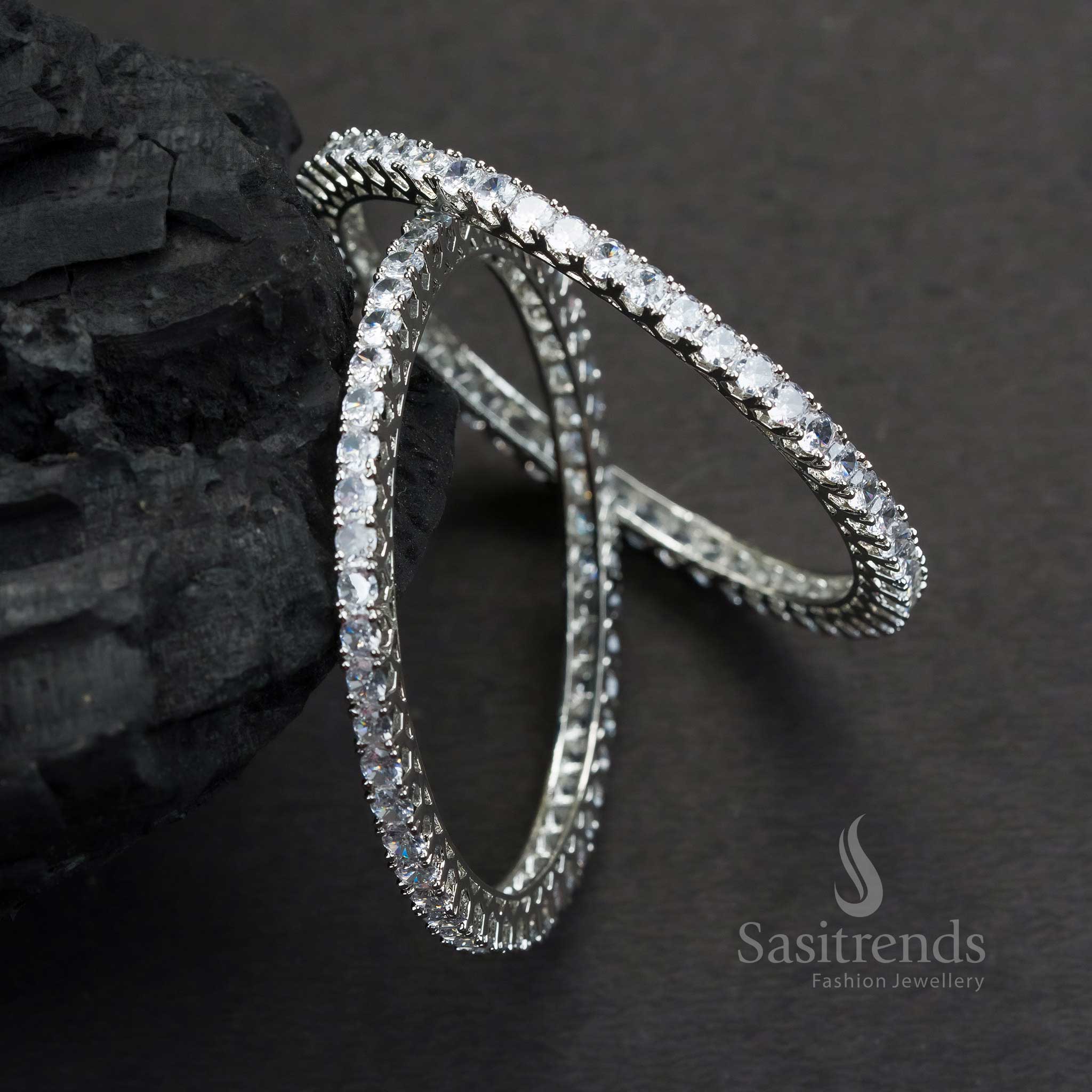 Stunning Party Wear Rhodium Silver Plated Bangles With White American Diamond Stones And Classy Smooth Finish Jewellery - Sasitrends