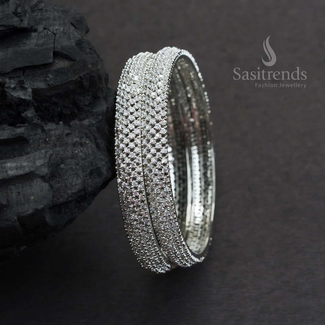 Stunning Rhodium Silver Plated Bangles With White American Diamond Stones For Party Wear And Luxurious Finish Jewellery - Sasitrends