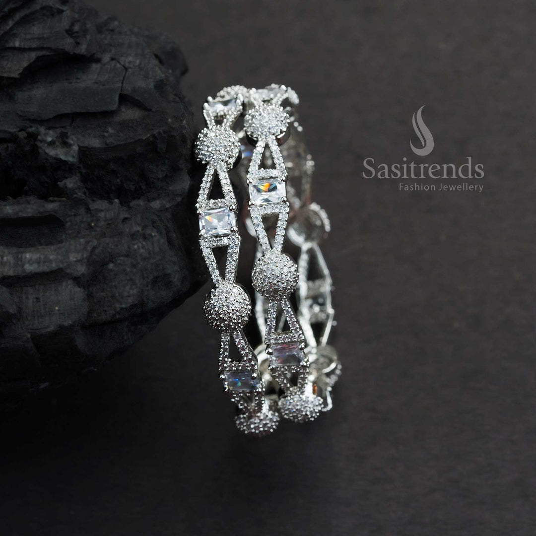 Gorgeous Party Wear Rhodium Silver Plated Bangles With White Round American Diamond Stones And Glossy Finish Jewellery - Sasitrends