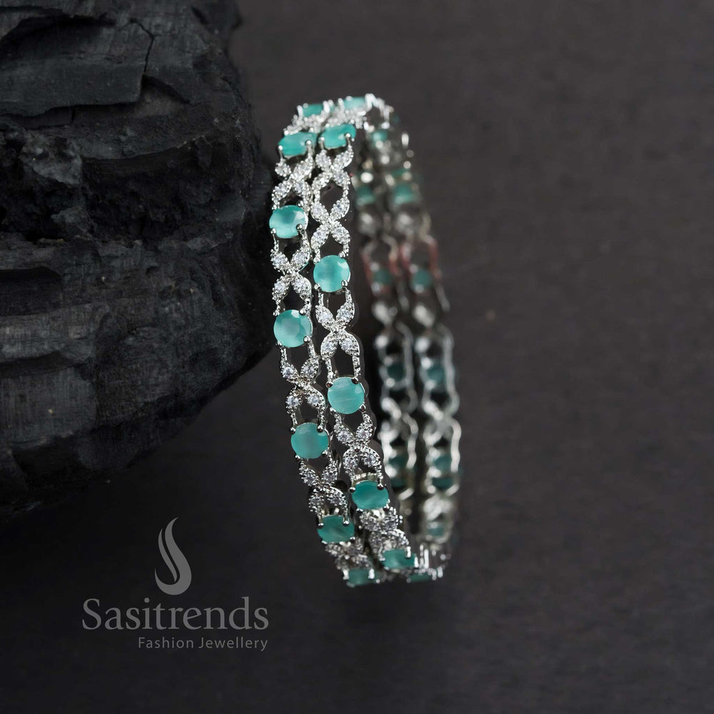 Trendy Party Wear Rhodium Silver Bangles With Mint American Diamond Floral Accents And Polished Design Jewellery - Sasitrends