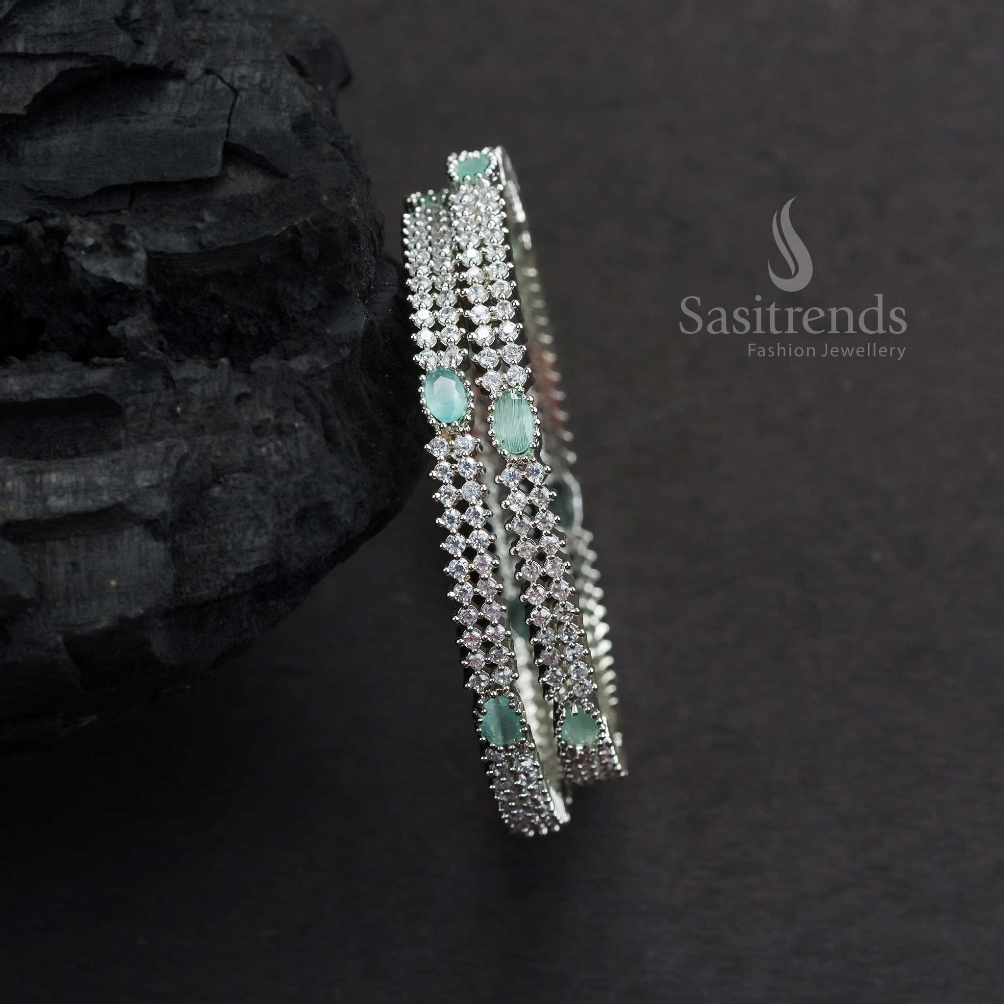Chic Party Wear Rhodium Silver Bangles With Mint Oval American Diamond Stones And Smooth Lustrous Finish Jewellery - Sasitrends