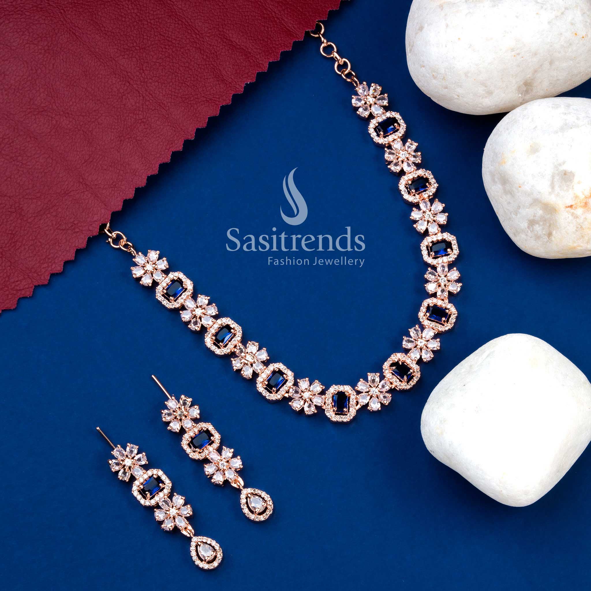 Graceful rose gold plated blue AD bloom necklace set with designer earrings for event dressing – Sasitrends