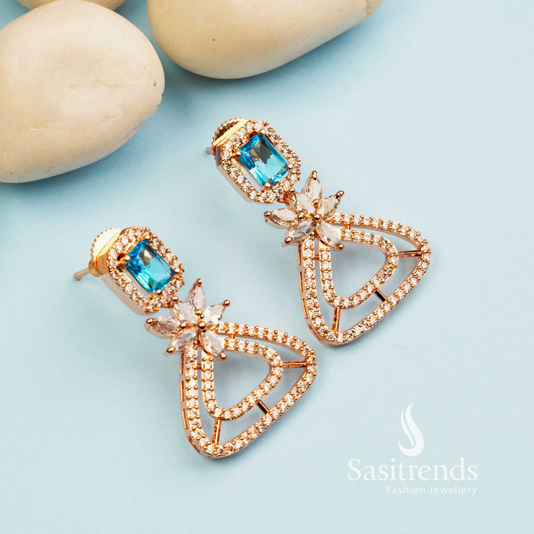 Blue Gold Plated Ocean Blue Earrings with American Diamond Stones - Party Wear - Sasitrends