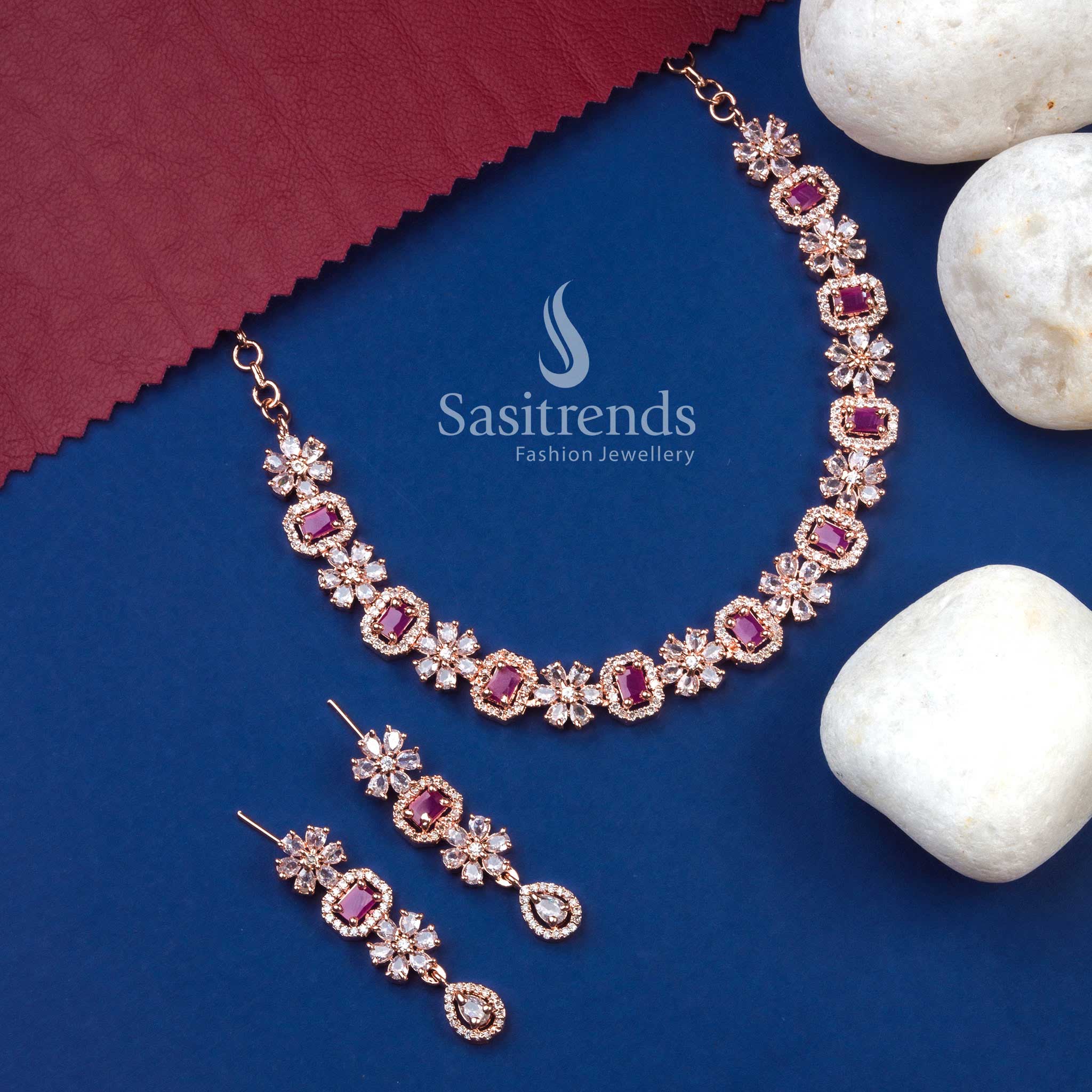 Premium rose gold plated ruby AD bloom necklace set with trendy earrings for modern celebrations – Sasitrends