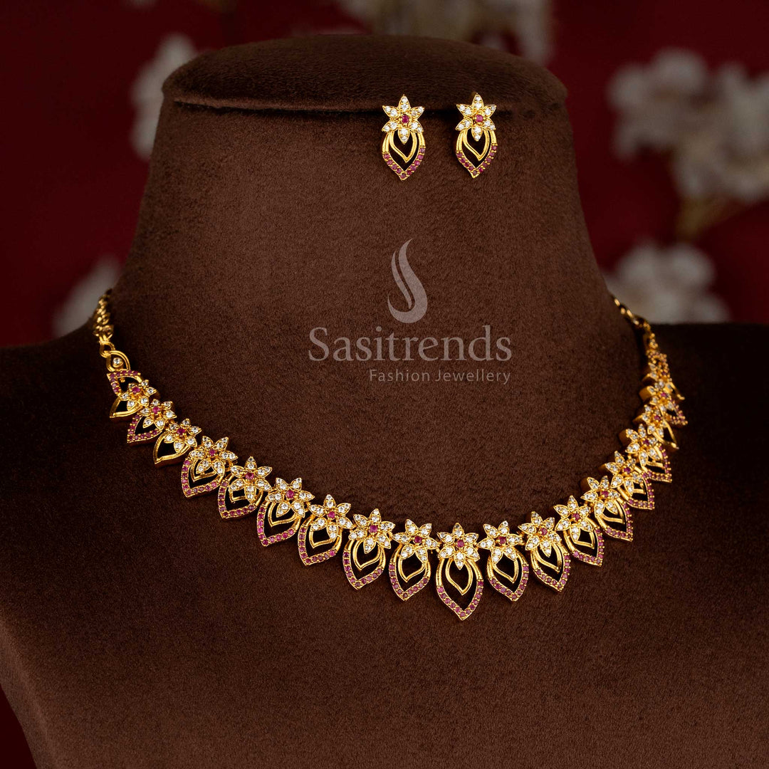 Graceful Royal Radiance matte gold plated white-ruby floral cluster American diamond necklace set for saree-ready occasions – Sasitrends