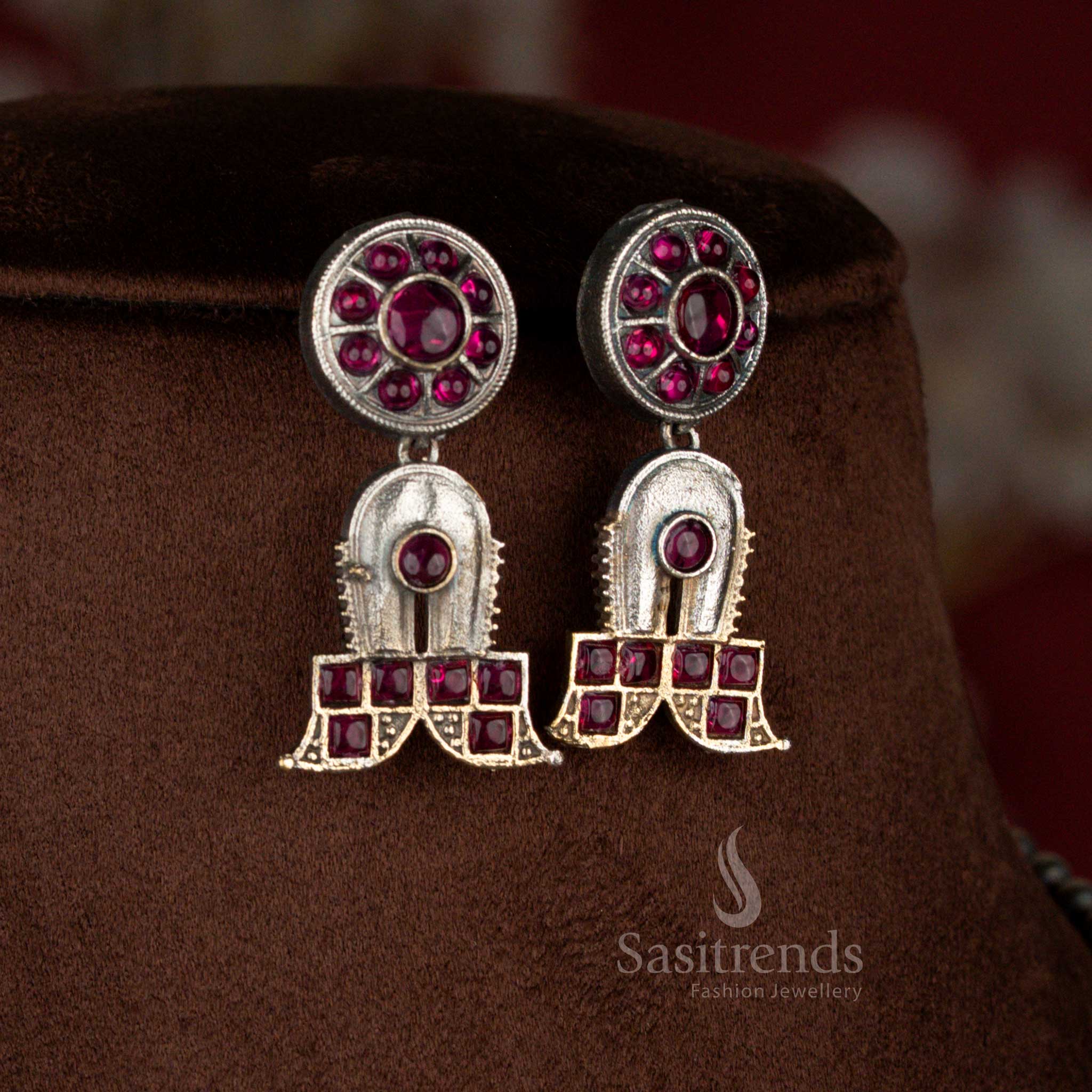 Elegant ruby antique oxidised 92.5 silver plated Shivlinga earrings for Navarathri wear – Sasitrends