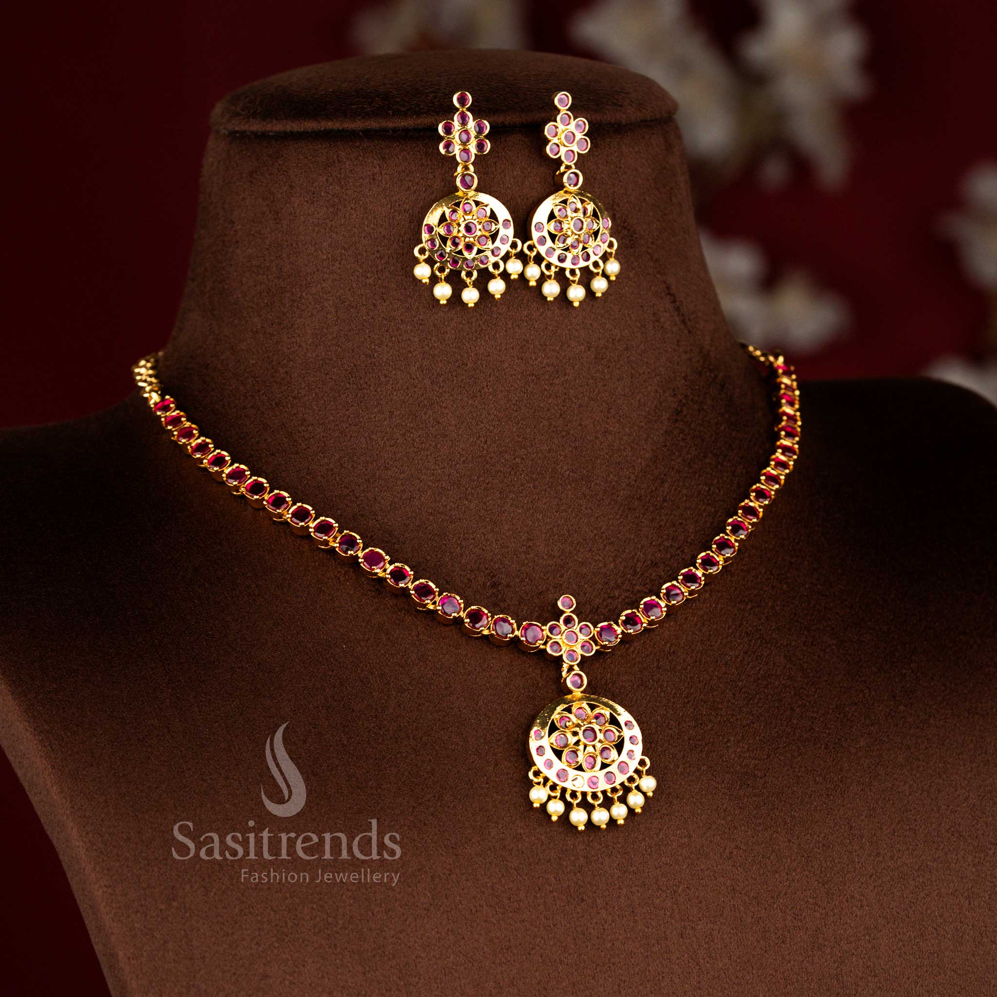 Elegant ruby colour American diamond matte gold plated floral round stone traditional attigai necklace set featuring necklace and earrings for wedding functions and cultural celebrations – Sasitrends