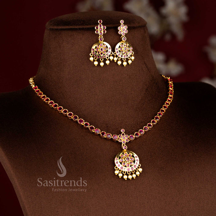 Elegant ruby colour American diamond matte gold plated floral round stone traditional attigai necklace set featuring necklace and earrings for wedding functions and cultural celebrations – Sasitrends